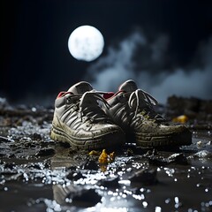 Traces de chaussures sur la lune, paysage lunaire dans l'espace
