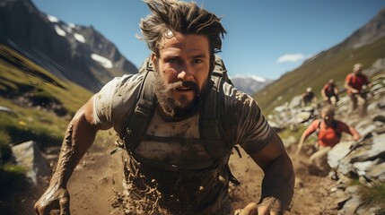 Homme qui court un. marathon dans la nature, en action de courir avec de la boue sur le corps, au milieu des montagnes - obrazy, fototapety, plakaty