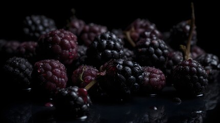 Fresh mulberries with water splashes and drops on black background