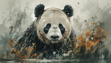 Oil painting of a fat panda against a bamboo forest background - obrazy, fototapety, plakaty