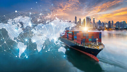 Container ship and the hologram of world map of international supply chains. Generative AI.