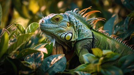 Obraz premium Iguana amidst lush foliage or vegetation, reptile in green forest