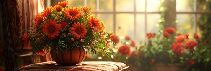 Fototapeta na wymiar Bouquet Beautiful Flowers Pumpkin On Chair, Banner Image For Website, Background, Desktop Wallpaper