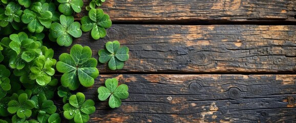 Fototapeta premium Fourleaf Clovers Laying On Wooden Floor, HD, Background Wallpaper, Desktop Wallpaper
