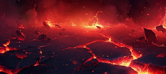 Volcanic eruption scene with fiery red glow and cracked earth. Dark plates and glowing fissures create a dramatic, intense illustration.