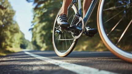 A close-up of a cyclist's legs and bike gears, emphasizing speed and endurance on a challenging road 