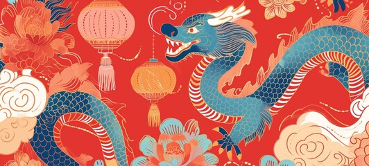 Vibrant Chinese dragon and peony pattern with festive lanterns on red. Modern fusion of traditional Asian motifs in a playful, elegant design. - obrazy, fototapety, plakaty