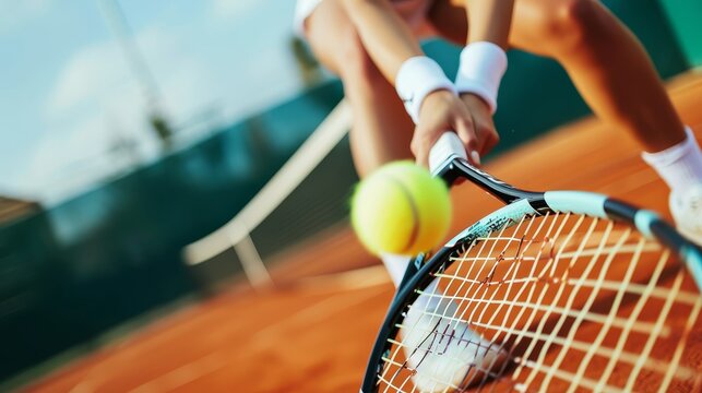 A close-up of a tennis player's intense focus as they hit a backhand, with the court and net in the background 