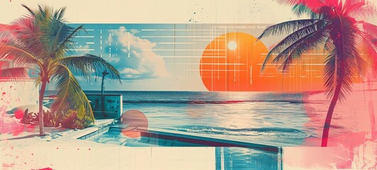 Artistic summer collage blending vintage travel elements with a tropical sunset vibe, featuring palm trees and geometric overlays. - obrazy, fototapety, plakaty