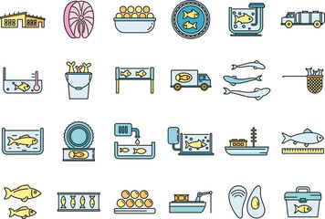 Food fish farm icons set. Outline set of food fish farm vector icons thin line color flat on white