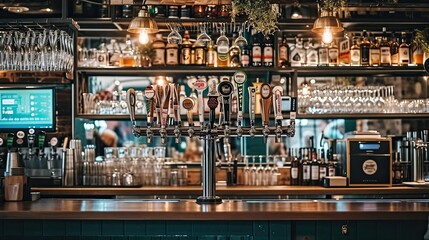 A cozy bar counter with a row of gleaming beer taps, inviting patrons to enjoy a refreshing brew. - obrazy, fototapety, plakaty