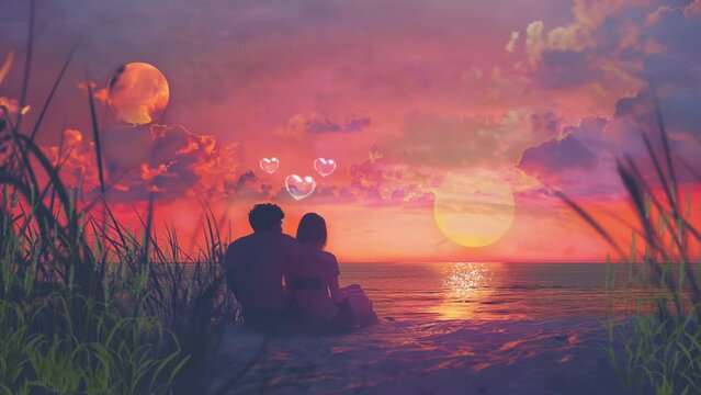 Couple romantic at sunset animation look a beautiful view background. seamless looping 4k video