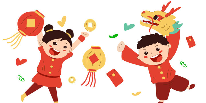 Happy children celebrating chinese new year 2024, year of the dragon