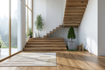 Incorporation of a wooden staircase within the modern entrance hall, showcasing Scandinavian rustic style interior design