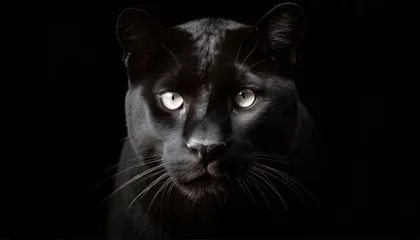 Tuinposter Head of a black panther emerging from a black background © Olga