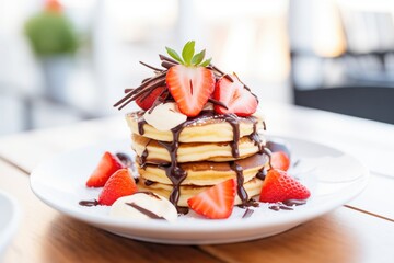 chocolate-stuffed pancakes with strawberries and chocolate drizzle - obrazy, fototapety, plakaty