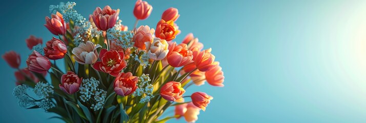 Close Bouquet Colored Fresh Tulips Roses, Banner Image For Website, Background, Desktop Wallpaper