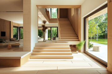 Incorporation of a wooden staircase within the modern entrance hall, showcasing Scandinavian rustic style interior design