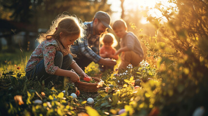 Family having an outdoor Easter egg hunt in golden sunlight