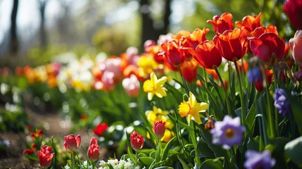 Keuken foto achterwand Tuin Springtime Easter garden scene with rows of blooming flowers