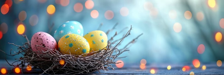 Obraz na płótnie Canvas Colored Easter Eggs Nest On Desk, Banner Image For Website, Background, Desktop Wallpaper