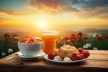 Picturesque breakfast scene with rising sun and morning atmosphere
