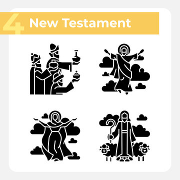 Religious scenes black glyph icons set on white space. New testament. Biblical stories. Jesus Christ and Holy Mary. Silhouette symbols. Solid pictogram pack. Vector isolated illustration