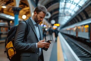 Naklejka na ściany i meble Fresh and energetic 30 year old, middle-aged businessman in a suit looking at his smart phone at a train station.