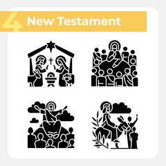 Ministry of Jesus black glyph icons set on white space. Palm sunday and Last Supper. Christian stories. Holy figures. Silhouette symbols. Solid pictogram pack. Vector isolated illustration