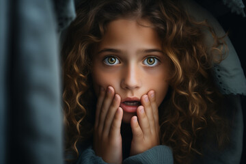 Little girl covering her mouth with her hands. Portrait of afraid or scared little girl, family abuse relationship, parent abuse, bullying at school, anxiety child. - obrazy, fototapety, plakaty