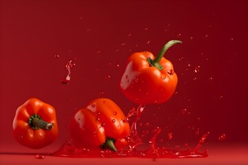Fresh paprika flying with water splashes on bright color background