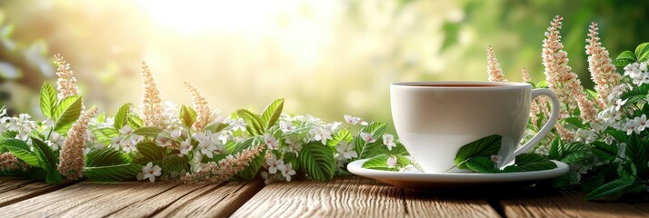 Cup Green Tea Mint Leaf Flowers, Banner Image For Website, Background, Desktop Wallpaper - obrazy, fototapety, plakaty