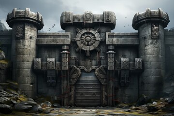 Naklejka premium Impressive Fortress Façade with Decorative Elements, on an isolated Granite Gray background, Generative AI