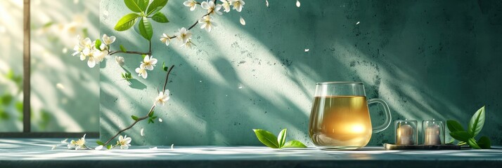 Cup Green Tea Mint Leaf Flowers, Banner Image For Website, Background, Desktop Wallpaper - obrazy, fototapety, plakaty