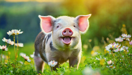 Happy young pig on meadow background. Funny animals emotions. Piglet in the grass