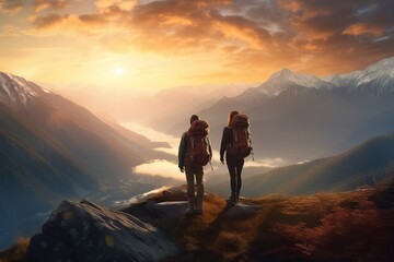 Hiking Couple with Backpacks Enjoying Mountain View at Dawn