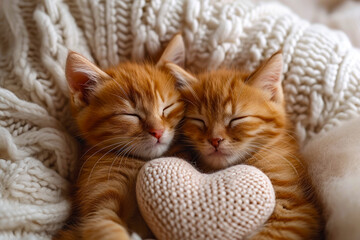 Two cute kitten sleeping on a plaid, heart-shaped soft pillow. Close-up. The concept of love, Valentine's Day.