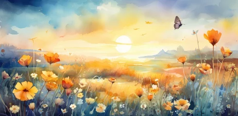 Papier Peint photo Bleu Jeans Serene Watercolor Sunrise over Flower Meadow with Fluttering Butterfly - Generative AI