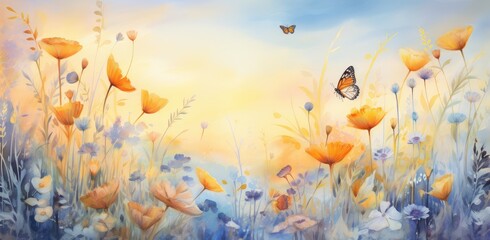 Obraz na płótnie Canvas Serene Watercolor Sunrise over Flower Meadow with Fluttering Butterfly - Generative AI