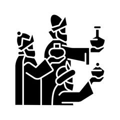 Epiphany black glyph icon. Three wise men with gifts to Jesus. Biblical Magi. New testament. Christian holiday. Silhouette symbol on white space. Solid pictogram. Vector isolated illustration