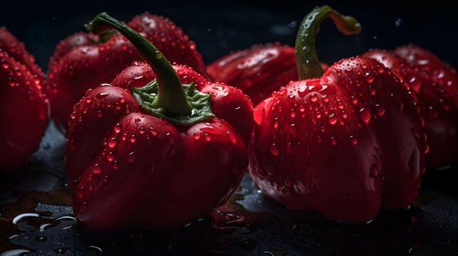 Fresh red paprika with water splashes and drops on black background