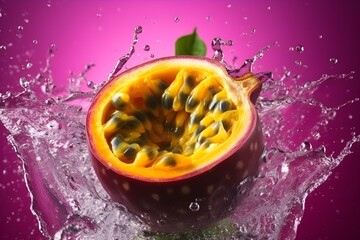 Fresh passion fruit flying with water splashes on bright color background