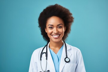 Friendly Doctor in White Coat Smiling Against Vibrant Blue Background