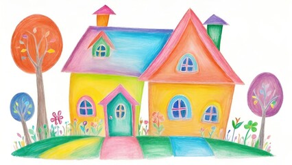 Fototapeta na wymiar Childlike Drawing of Family House, Tree, Sun Illustration, Colorful Crayon Isolated on White Background