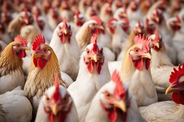Large Group of Hungry Chickens Waiting to be Fed in a Farmyard - obrazy, fototapety, plakaty