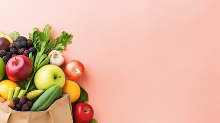 Fresh fruit and vegetables in paper bag on pastel pink background