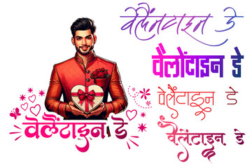 Indian Valentine's Day logo, Valentine's Day hindi calligraphy art, Hindi Design, Indian man holding Valentine's Day Gifts illustration, Valentine's Day Celebrations in India
