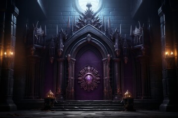 Obraz premium Impressive Fortress Wall with Heraldic Emblems, on an isolated Royal Purple background, Generative AI