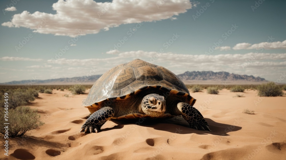 Poster a large tortoise walking in the desert. generative ai.