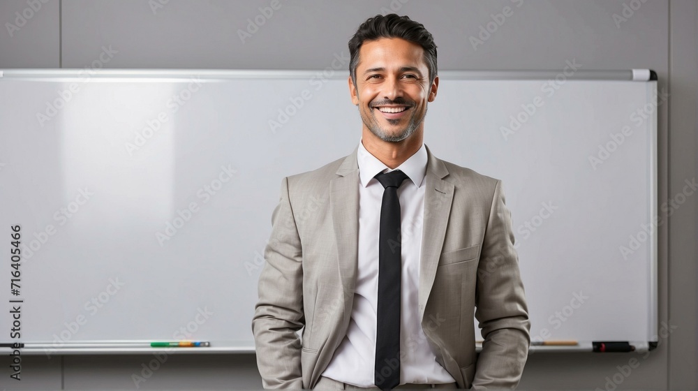 Poster a man in a suit is standing in front of a whiteboard. generative ai.